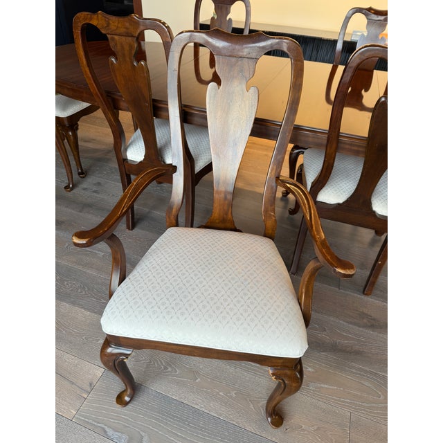 Brown Late 20th Century Drexel Heritage Solid Wood Extendable Dining Table With 6 Reupholstered Chairs For Sale - Image 8 of 15