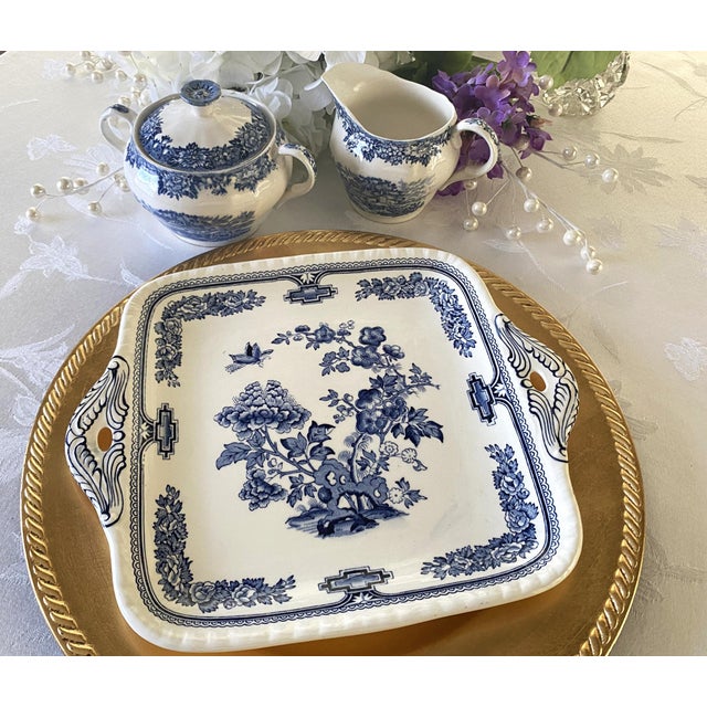 1930's Mason's Ironstone Cake Plate/Tray, Chinoiserie Pattern, Manchu Blue- Square, Tab Handles For Sale - Image 9 of 14