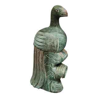 Mexican Bird Hand Carved Sculpture Teal Blue Peacock For Sale