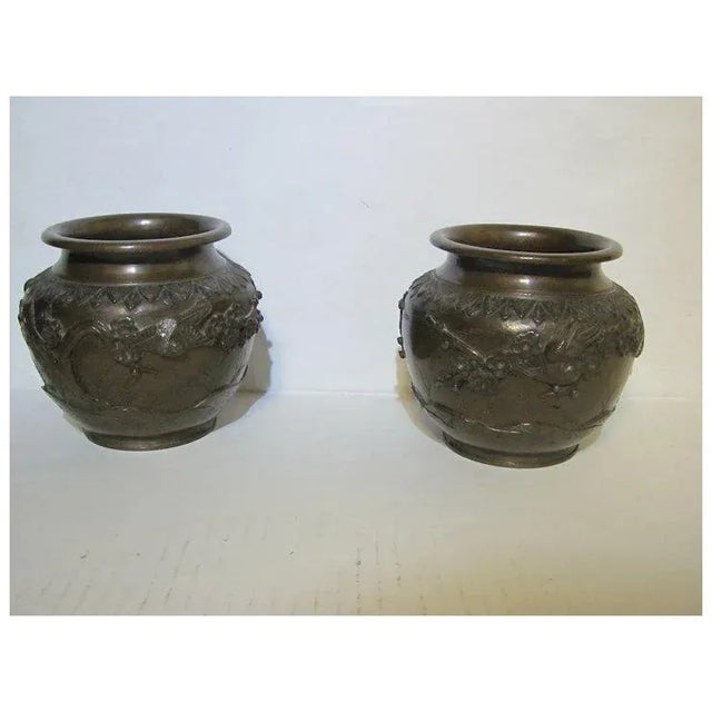 Bronze Cache Pots- Flower and Bird Decoration Size: 3 1/4" opening of pot 3 1/2" tall