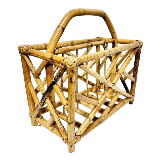 Vintage Scorched Bamboo & Bent Rattan Magazine Holder For Sale