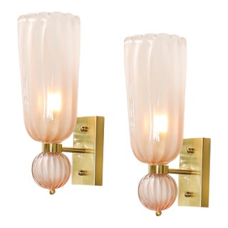 Modernist Hand-Blown Fluted Murano Glass Sconces W/ Orbital Drop in Frosted Rose For Sale