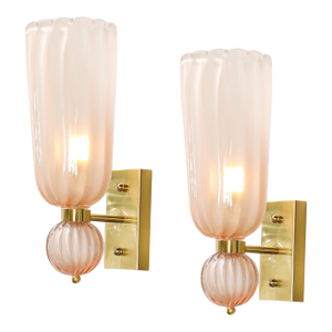 Modernist Hand-Blown Fluted Murano Glass Sconces W/ Orbital Drop in Frosted Rose
