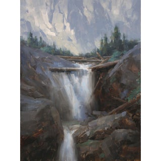 Into the Shadows by Dave Santillanes | Oil on panel Waterfall in a rocky landscape with trees For Sale
