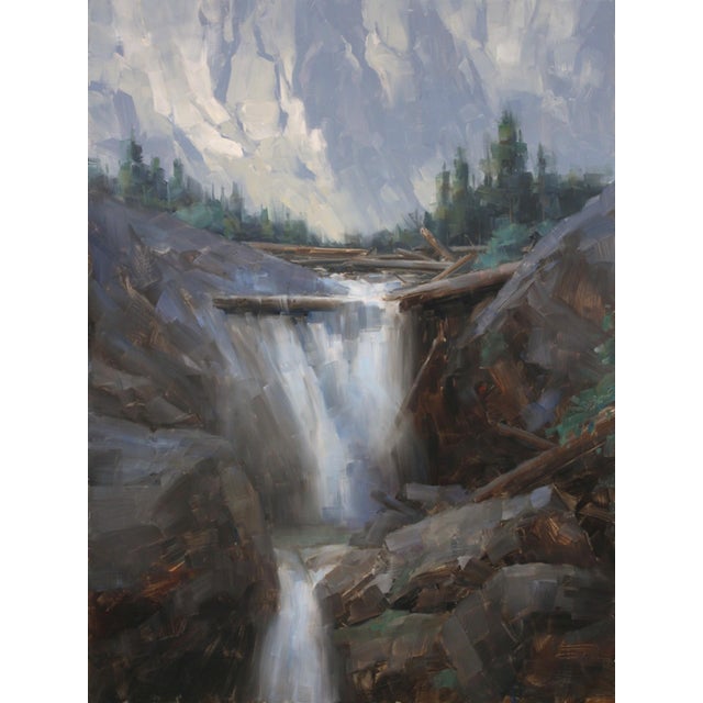 Into the Shadows by Dave Santillanes | Oil on panel Waterfall in a rocky landscape with trees For Sale