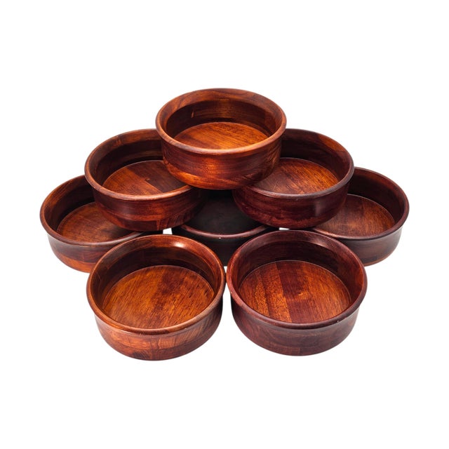 Mid-Century Modern Mid-Century Hand Turned Solid Cherry Wood Bowl Set — Eight 7" Serving Bowls For Sale - Image 3 of 13