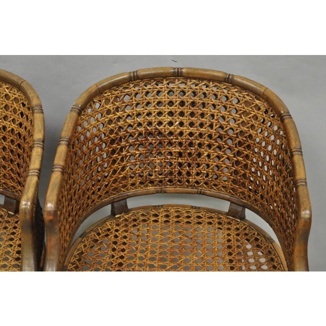 Vintage Hollywood Regency Faux Bamboo Wood & Cane Barrel Back Lounge Chair, Pair For Sale - Image 11 of 15