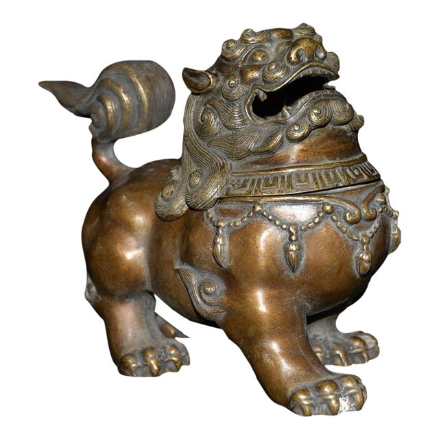 Antique Bronze Guardian Lion Incense Burner – 6.1" Foo Dog Censer With Removable Head For Sale