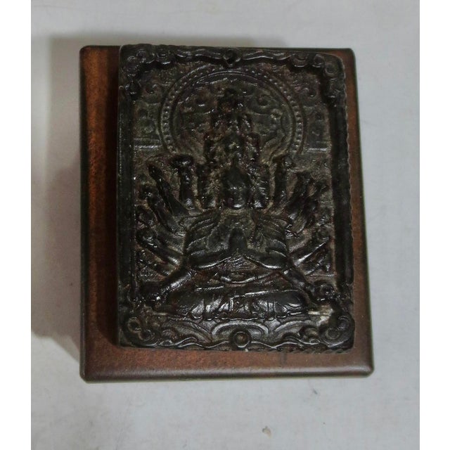 Patina Iron desk box with iron ore cast Avalokiteshvara with eleven heads. Wonderful and artistic Ming form of the Buddha....