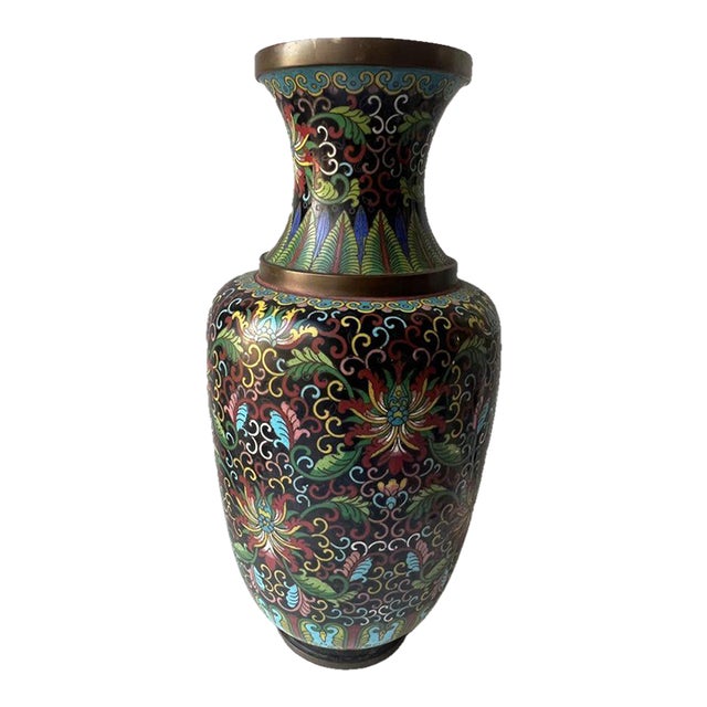 Antique Old Asian Chinoiserie Enameled Copper Vase For Sale