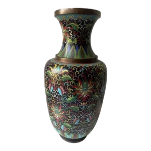 Antique Old Asian Chinoiserie Enameled Copper Vase