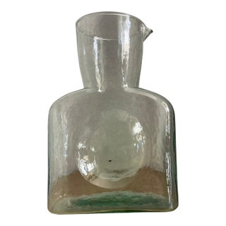 Handblown Blenko Water Pitcher Green Tinged Glass Spout Indent Side For Sale