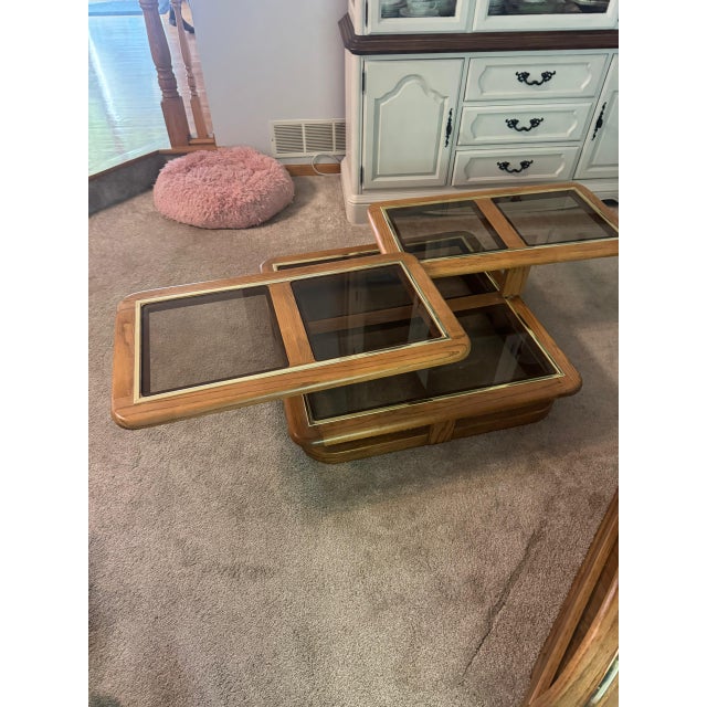 Wood 1980s Articulating Oak & Smoked Glass Swivel Coffee Table For Sale - Image 7 of 7