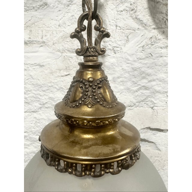 Early 20th Century Antique Victorian Style Ornate Brass and Etched Glass Globe Wired Pendant Light For Sale - Image 5 of 8