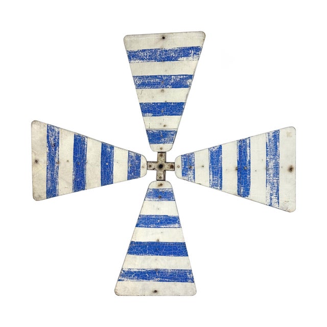 Farmhouse Vintage 1950s Primitive Wooden Windmill Fan Blade Distressed Painted White & Blue Striped Wood For Sale - Image 3 of 10