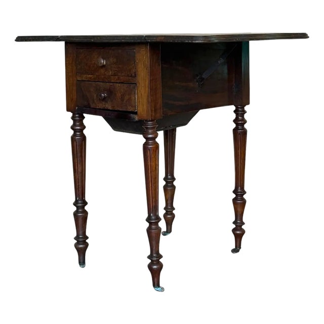 Victorian Wood Drop Leaf Side Table With Turned Legs and Wheels For Sale