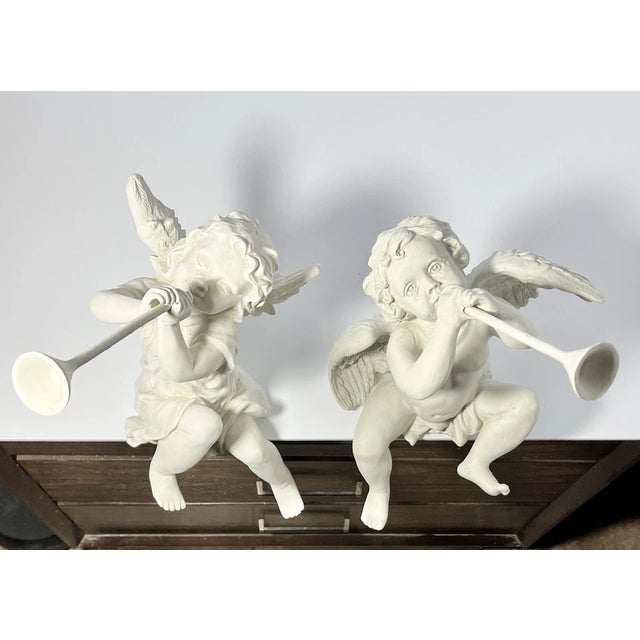 Vintage Pair of Resin Stone Sitting Shelf Cherub Angel Herald Figurines For Sale - Image 4 of 9