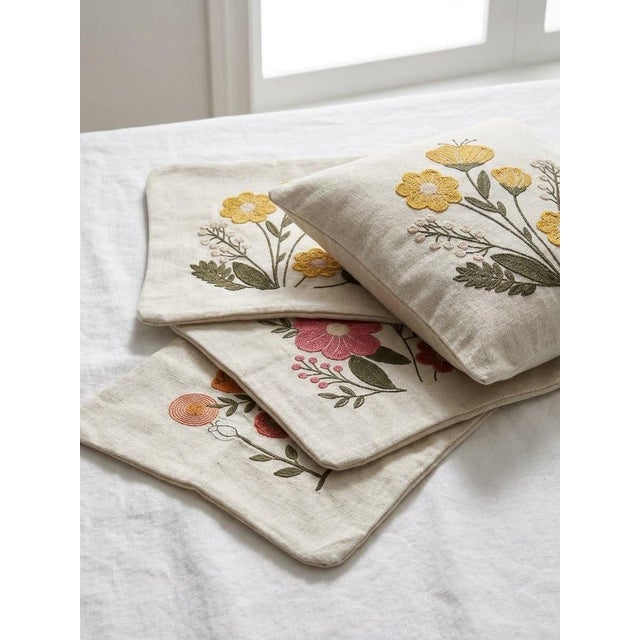 2000 - 2009 Turkish Hand-Embroidered Floral Cushion Covers - Set of 4 For Sale - Image 5 of 5