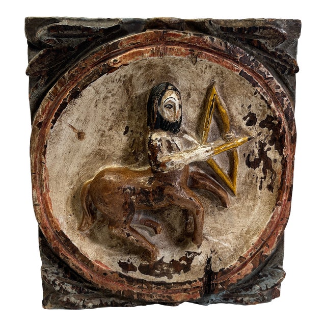 Vintage Verboan Hand Carved Wooden Zodiac Sagittarius Relief Wall Plaque For Sale