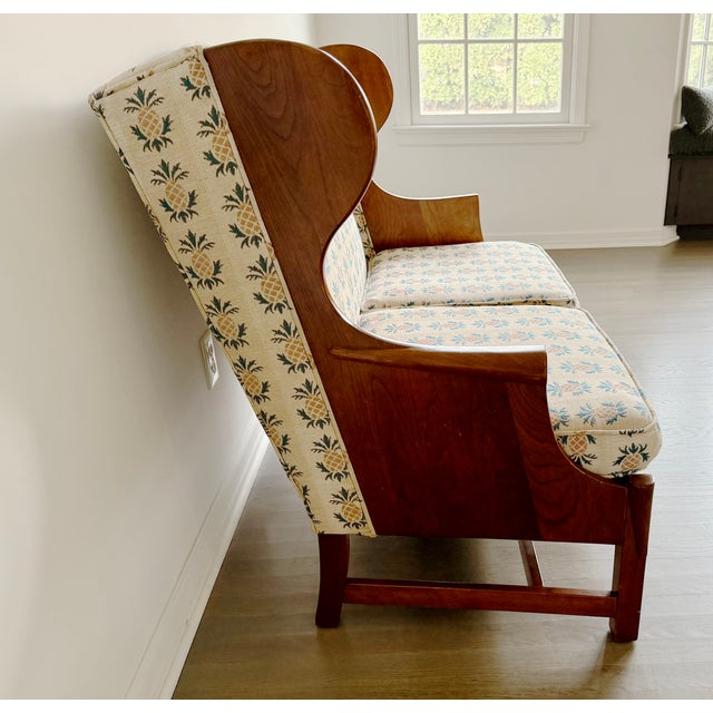 Yellow Signed Vintage Stickley "Connecticut Valley" Wingback Settee in Original Pineapple Fabric For Sale - Image 8 of 13