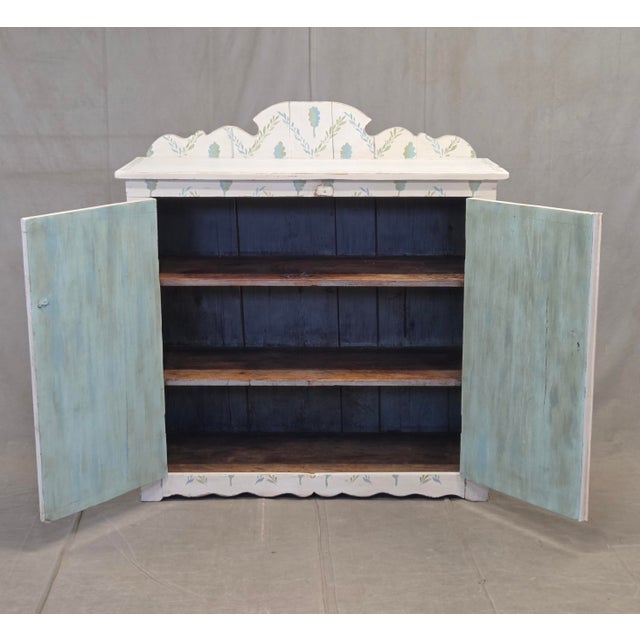 Farmhouse Antique Rustic Pine Two Door Cabinet With Distress Painted and Stenciled Surface For Sale - Image 3 of 18