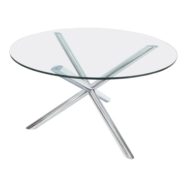 Jack Shape Large Polished Chrome Round Glass Top Dining Table For Sale
