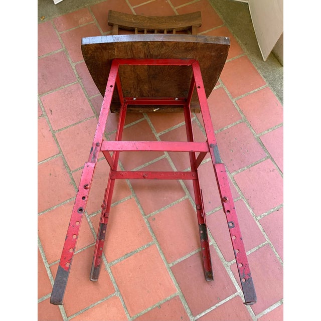Vintage Industrial Stool Oak Wood and Red Steel For Sale - Image 9 of 12