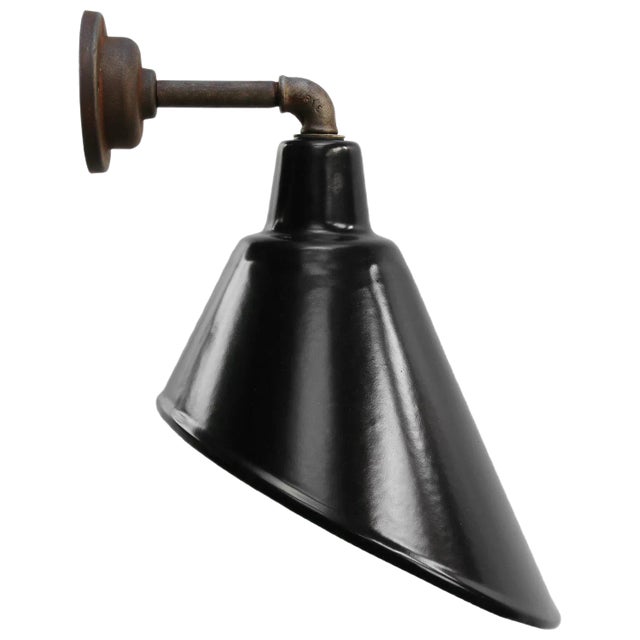Mid-Century Industrial Black Enamel & Cast Iron Factory Sconce For Sale