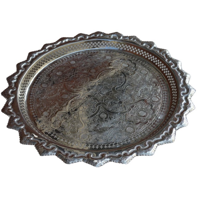 Metal Vintage Handmade Silver-Tone Engraved Arabesque-Patterned Tray For Sale - Image 7 of 7