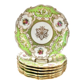 Antique Coalport Apple Green Porcelain Dinner Plates – Set of 7, Gilt English Cabinet Plates, Plate Wall Decor For Sale