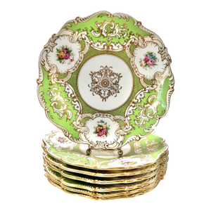 Antique Coalport Apple Green Porcelain Dinner Plates – Set of 7, Gilt English Cabinet Plates, Plate Wall Decor