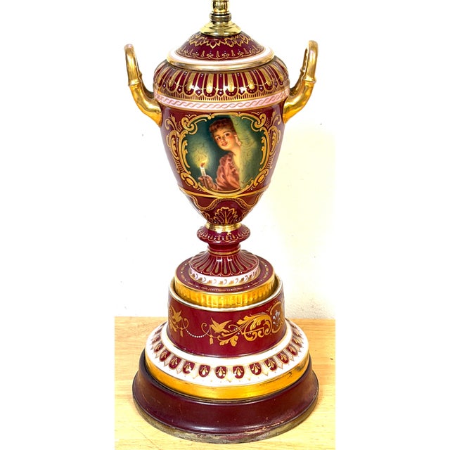 Traditional Early 20th Century “Good Night” Vienna Style Porcelain Urn Lamp Maiden and Candle, Signed F. Koller For Sale - Image 3 of 16