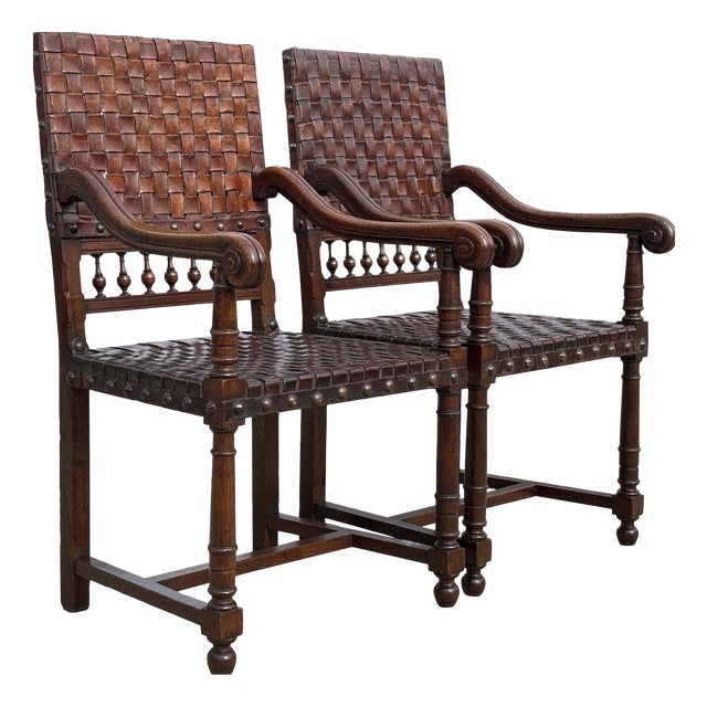 Oak and Woven Leather Armchairs, 1880s, Set of 2 For Sale