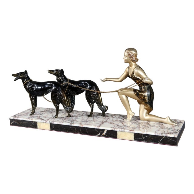 Art Deco Woman with Greyhounds, 1930, Patinated Metal For Sale