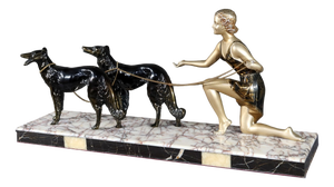 Art Deco Woman with Greyhounds, 1930, Patinated Metal