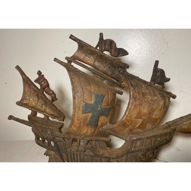 Antique Cold Painted Cast Iron Ship Sail Boat Nautical Table Boudoir Lamp Light For Sale - Image 4 of 10