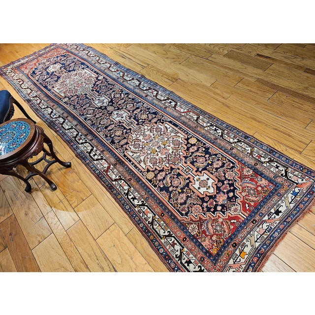 Vintage Persian Bidjar Wide Runner, Hand-Knotted Wool, Geometric Medallion Pattern, Navy & Ivory, 4x14 For Sale - Image 14 of 18