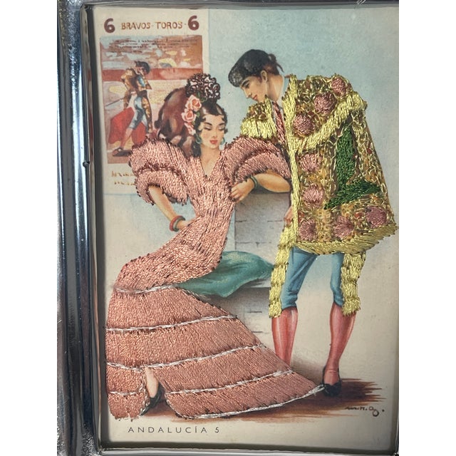 1940s Spanish Embroidered Postcard of Flamenco Dancer in Metal Frame For Sale - Image 4 of 5