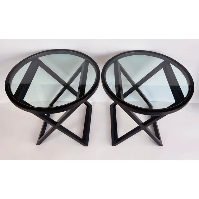 Black 1970s Attributed to Ralph Lauren Mercer Street Round Side Tables, Glass Tops, "X" Frame Bases For Sale - Image 8 of 13
