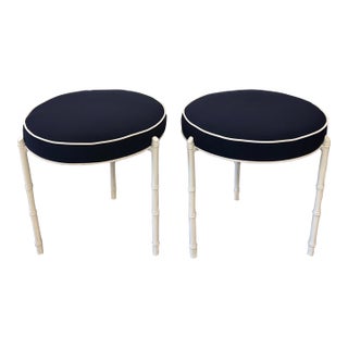 Pair Vintage Restored Faux Bamboo Metal Stools Benches Sunbrella Patio Outdoor For Sale
