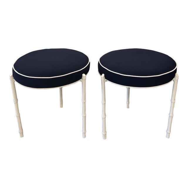 Pair Vintage Restored Faux Bamboo Metal Stools Benches Sunbrella Patio Outdoor For Sale