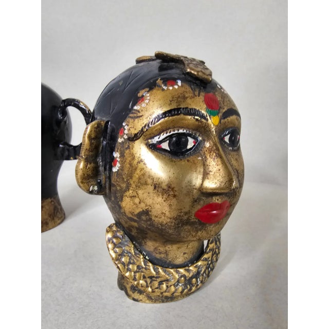 Antique India Painted Brass Hindu Gauri Head Sculptures - a Pair For Sale - Image 4 of 10