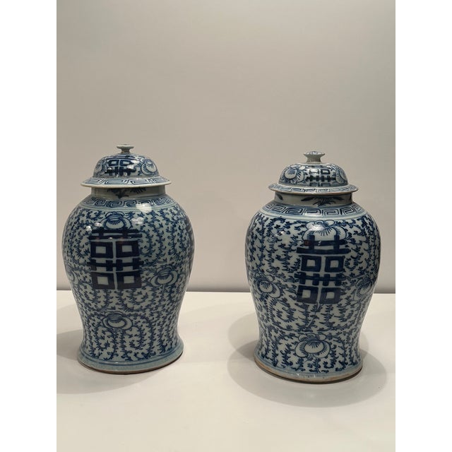 Chinese Antique Chinese Blue and White Lidded Wedding Jars -a Pair For Sale - Image 3 of 12