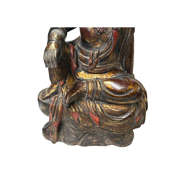 Brick Red Vintage Chinese Golden Red Brown Lacquer Wood Bodhisattva Statue For Sale - Image 8 of 9