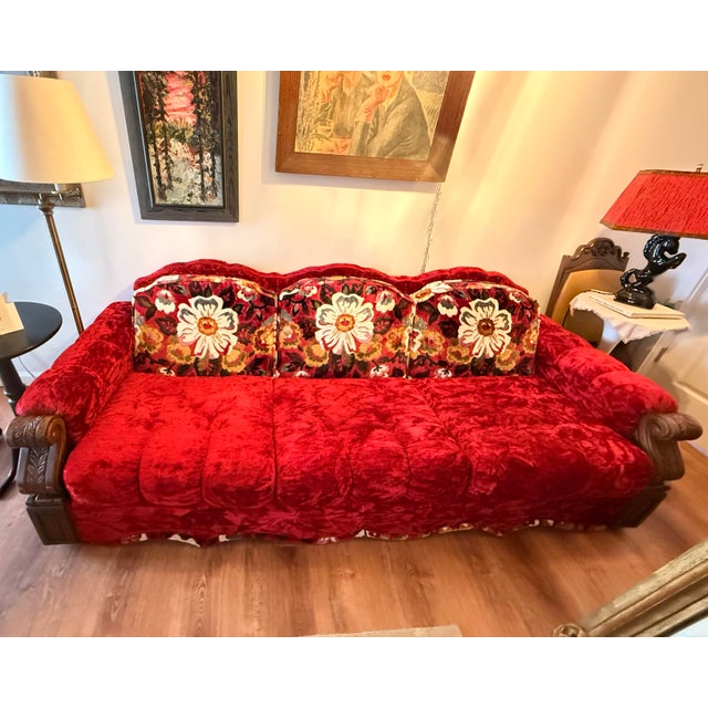 1970s 1970s Singer Furniture Ruby Velvet Sofa With Carved Wood Frame For Sale - Image 5 of 7