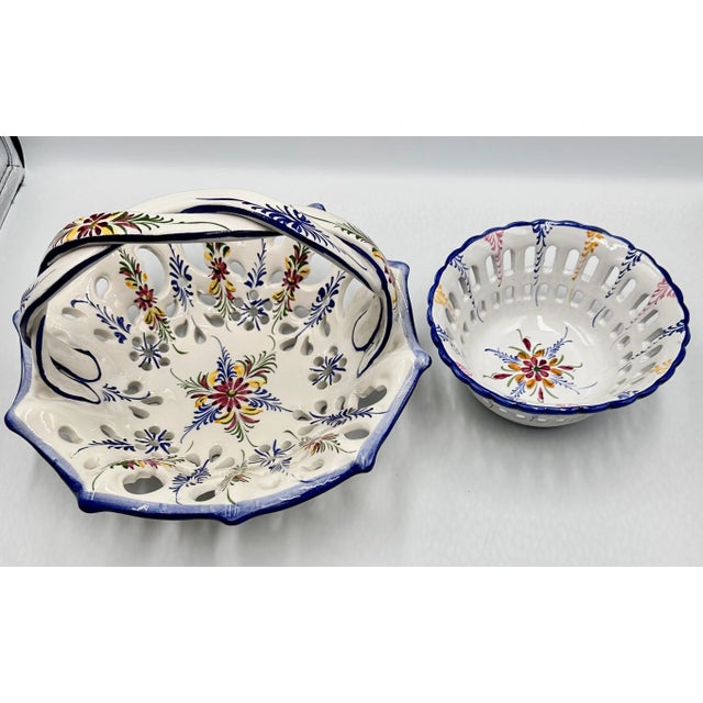RCCL Ceramic Hand Painted Floral Fruit Basket Braided Handle & Bowl Set Portugal For Sale - Image 4 of 8