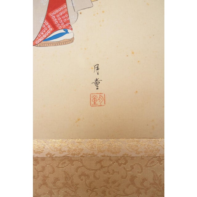 "Beauty With a Puppet" by Getsudo, Showa Era Japanese Silk Scroll Painting For Sale - Image 13 of 18