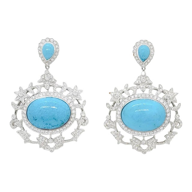 Turquoise and White Diamond Dangle Earrings in 18k White Gold - A Pair For Sale