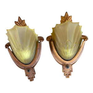 Pair of Amber Glass Slip Shade Art Deco Wall Sconces, Circa 1930