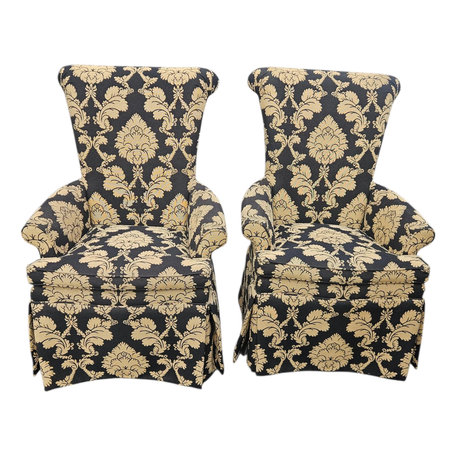 1990s 2 Ethan Allen Custom Wing Roll Armchairs Demask Tapestry Pattern ...